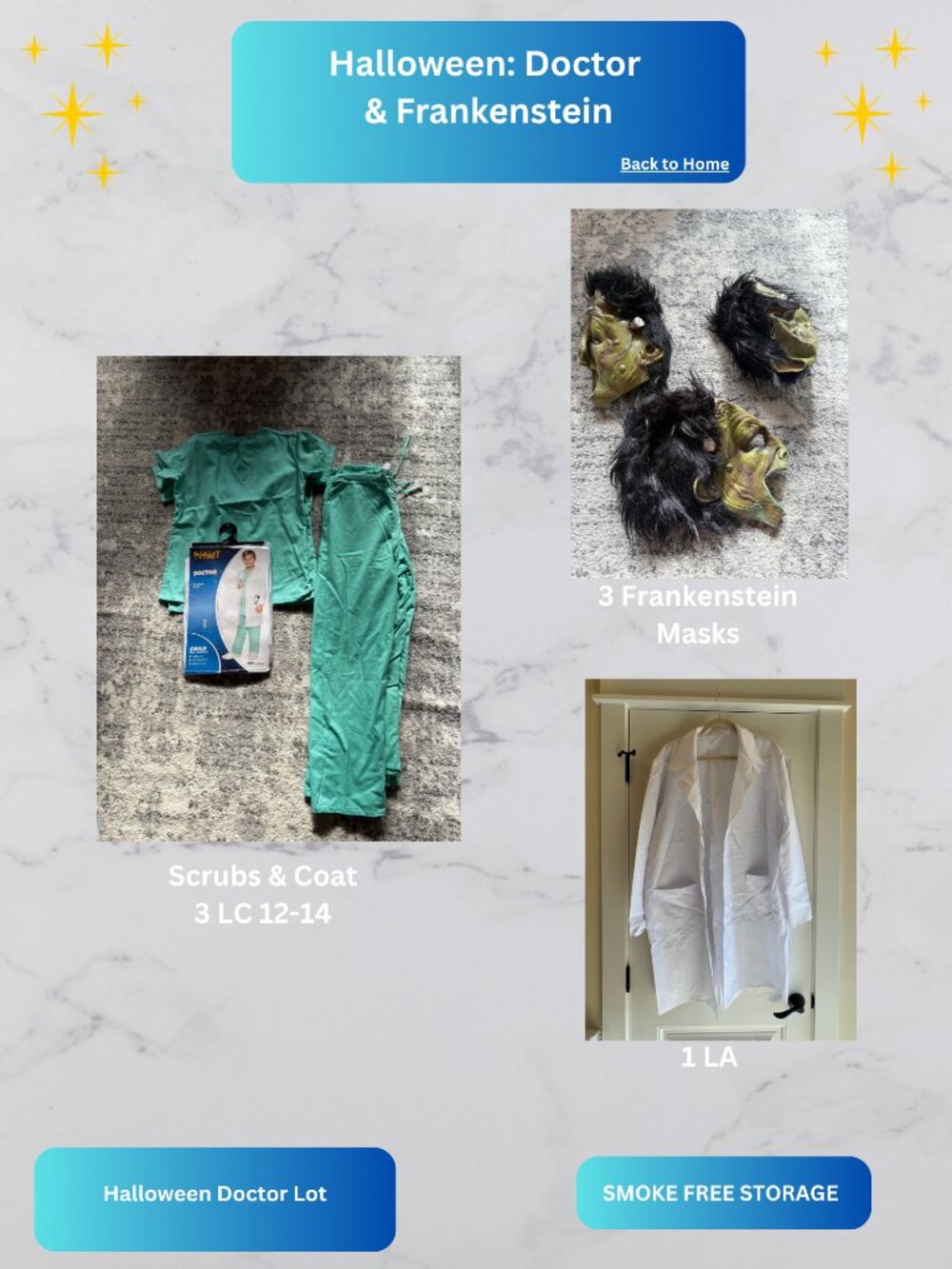 7 PC Halloween Doctor Frankenstein Costume Lot Scrubs Lab Coat & Masks